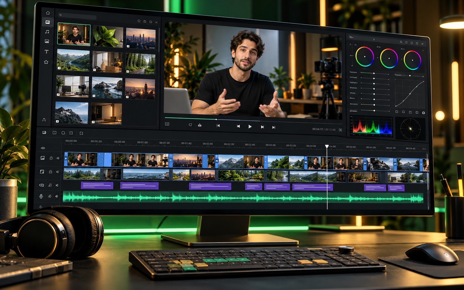 Màn hình edit video chuyên nghiệp với khung xem trước, timeline nhiều lớp, phụ đề, sóng âm và chỉnh màu