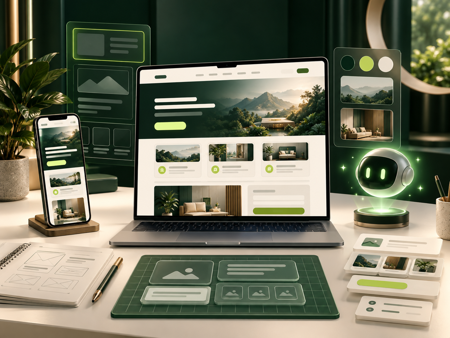 Không gian xây dựng website bằng AI với giao diện landing page trên máy tính và điện thoại